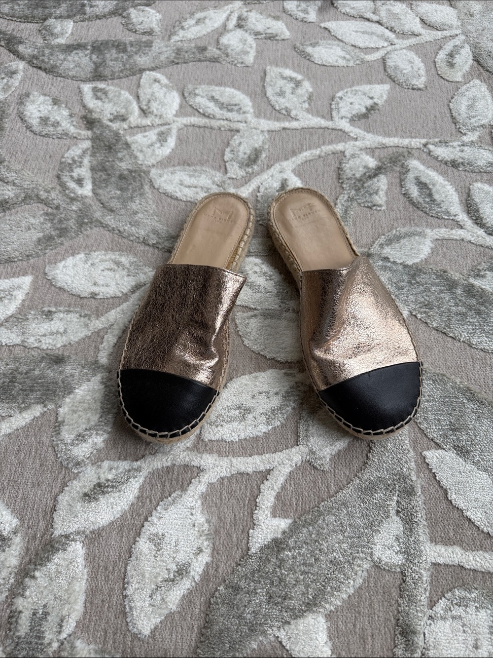 Marc Fisher Metallic Rose Gold Espadrille Mules with Black Cap Toe